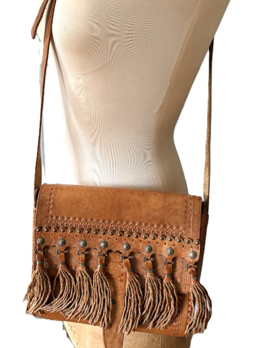 Vintage Hand tooled Leather Cross Body Bag, Boho Style with Fringe & Brass Decor